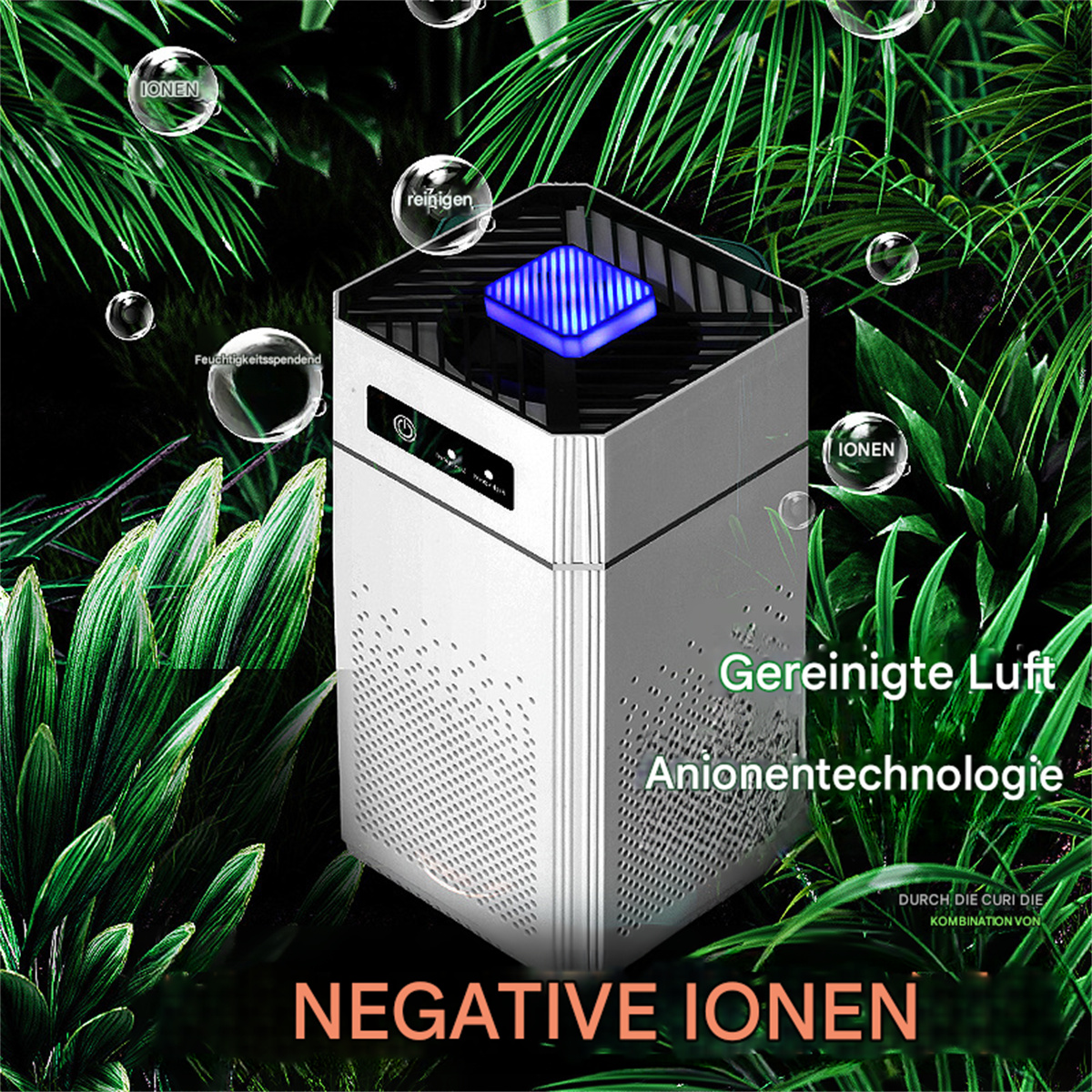 Ein silberner Luftreiniger mit grünen Blättern, Blasen und Text. Das Gerät hat ein blaues Licht und das Wort 'NEGATIVE ION'.