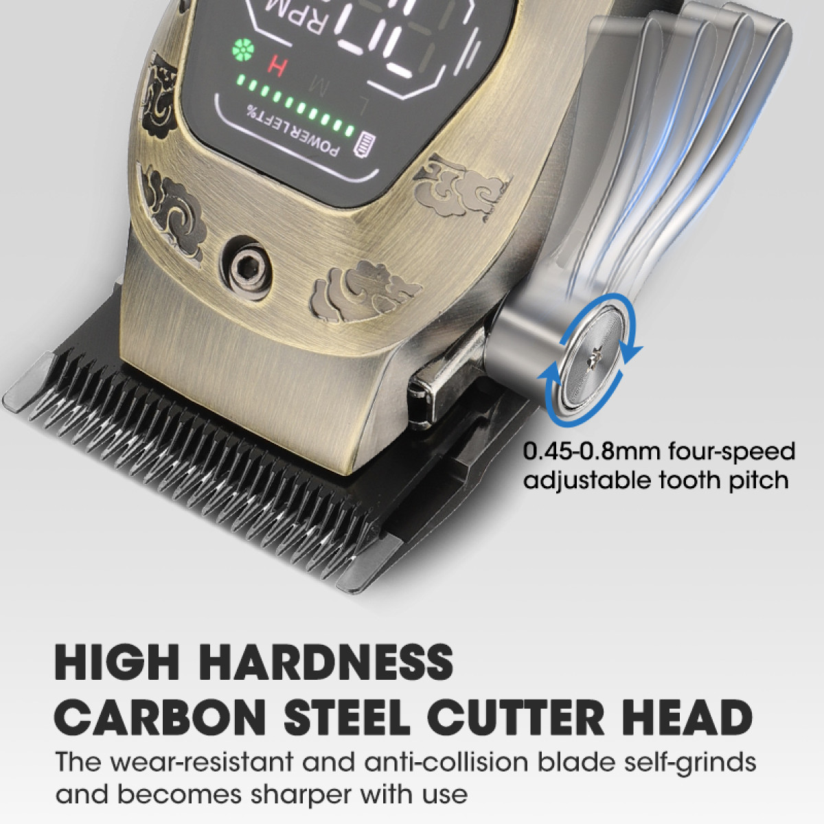 Zbliżenie maszynki do włosów w kolorystyce brązu i czerni, pokazujące głowicę tnącą i regulowany skok zębów.