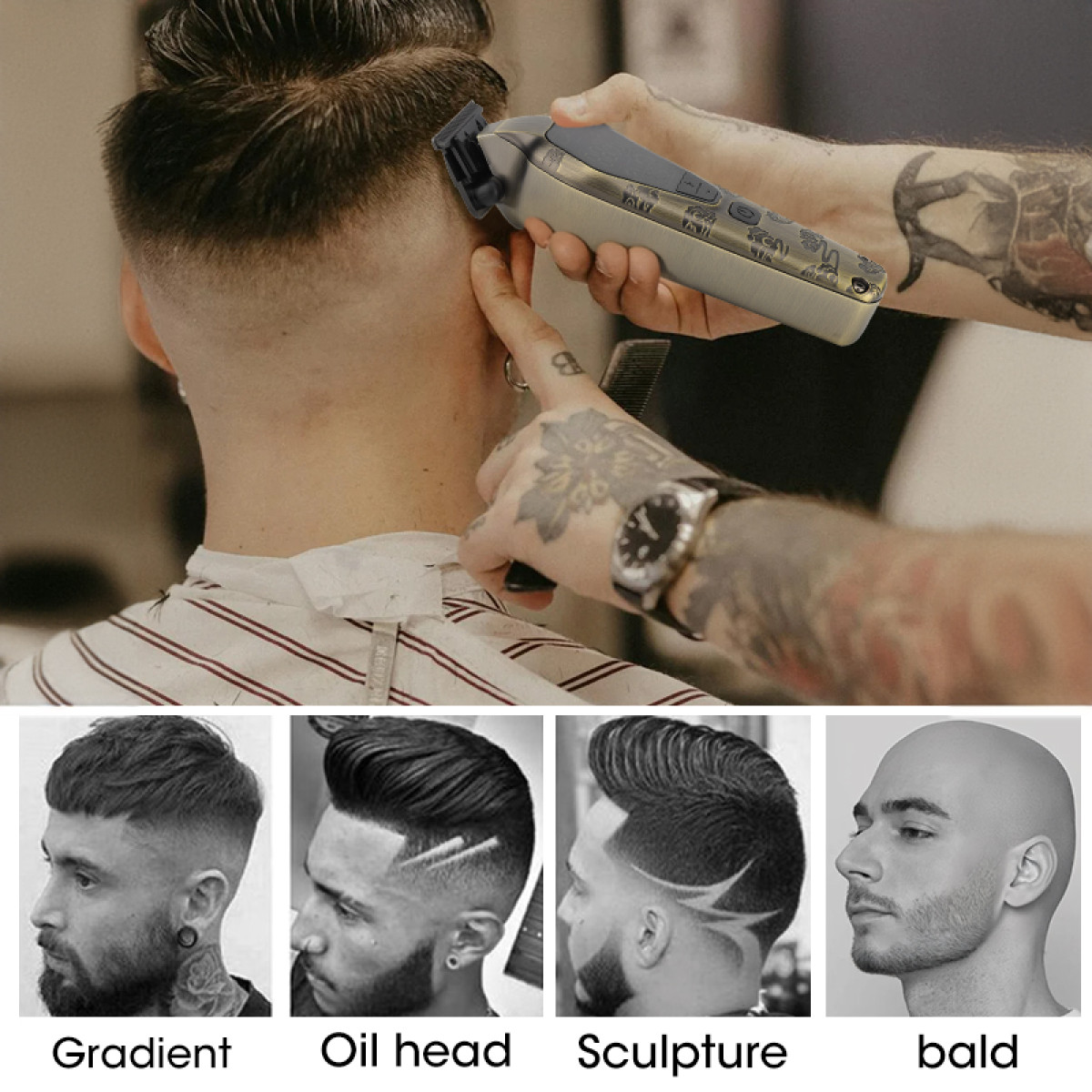 Osoba używająca maszynki do włosów na głowie mężczyzny. Cztery różne fryzury pokazano poniżej.