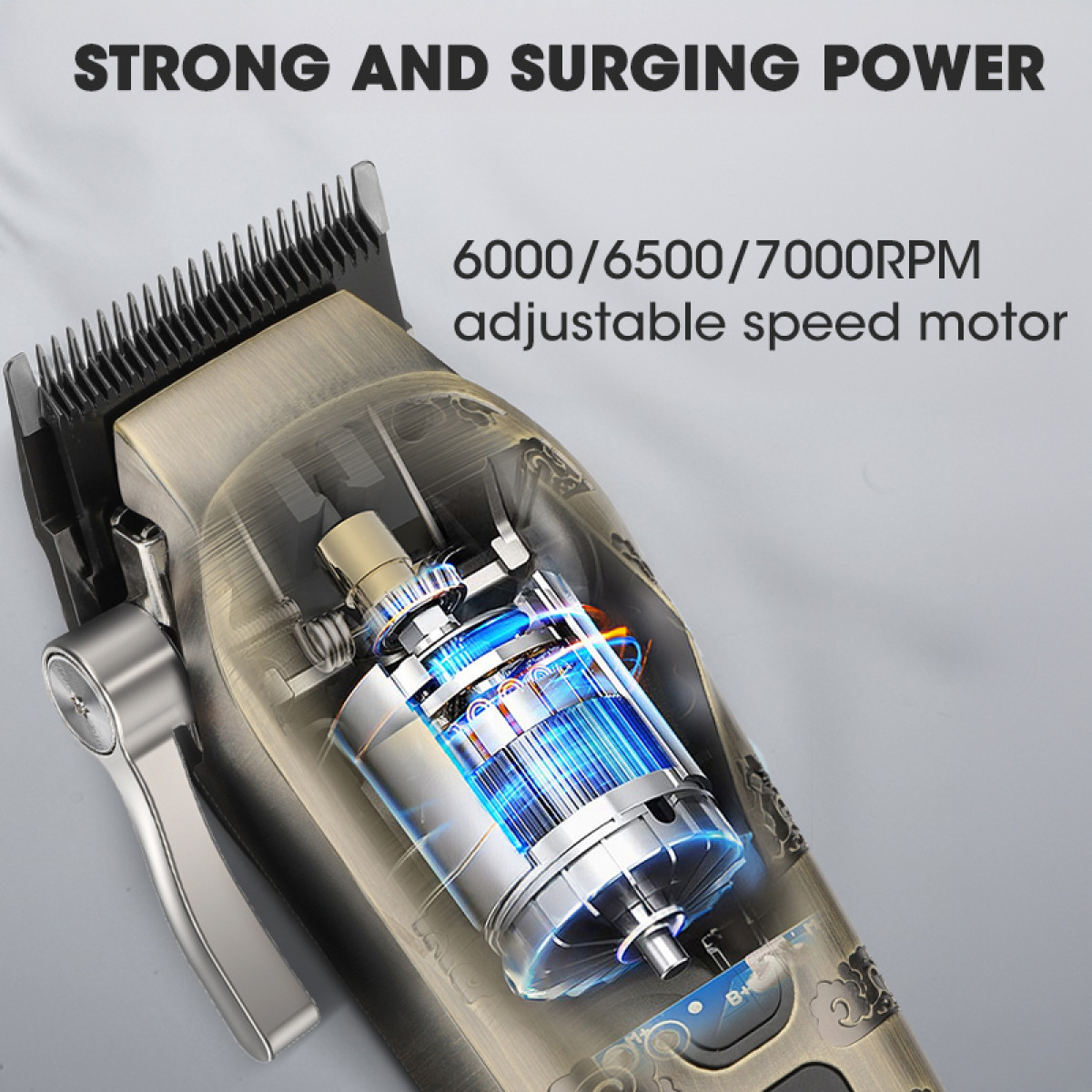 Zbliżenie srebrno-czarnej maszynki do włosów z odsłoniętym niebieskim silnikiem i nakładką tekstową.