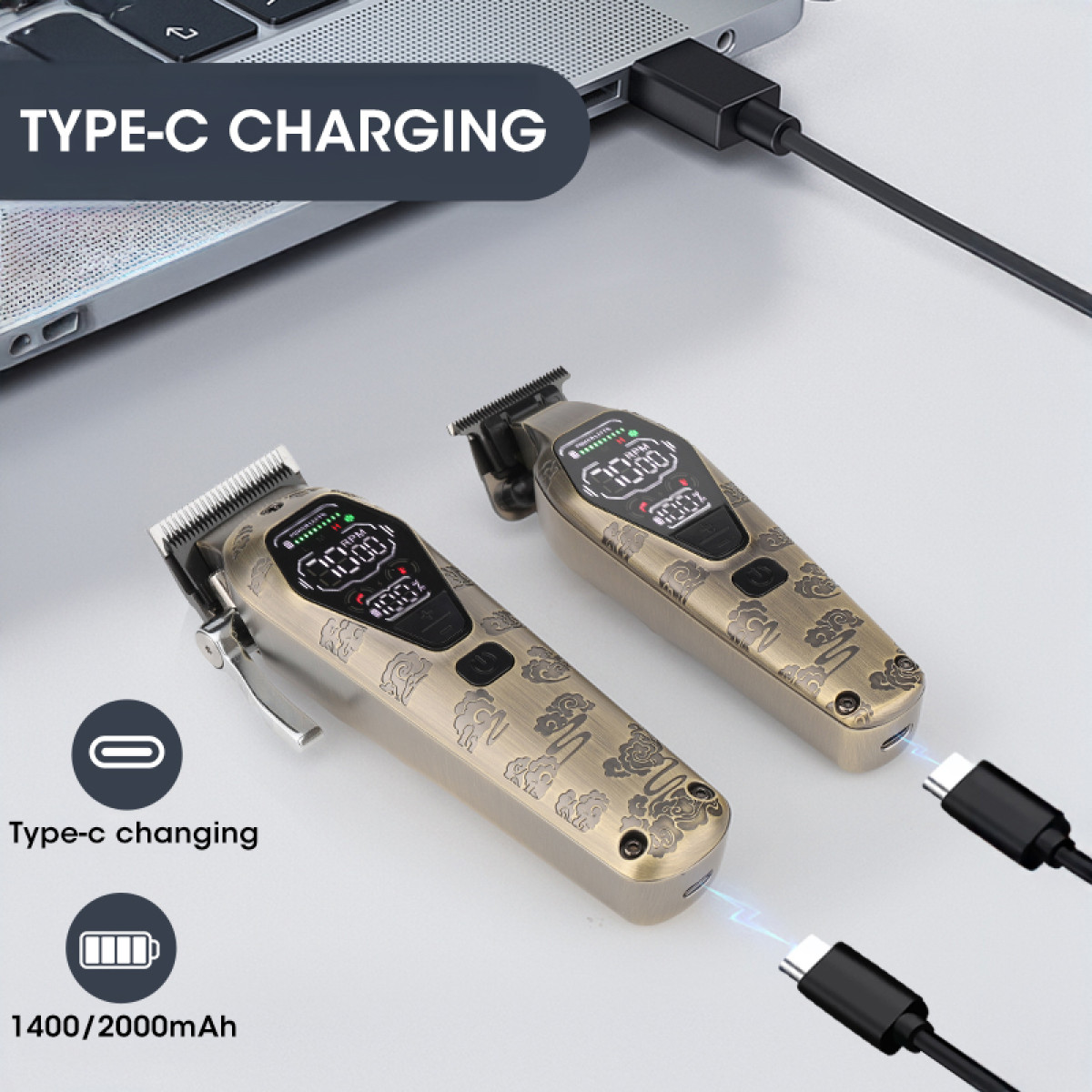 Dwie zdobione maszynki do włosów ładujące się przez USB-C. Lewa maszynka ma wyświetlacz cyfrowy z numerami.