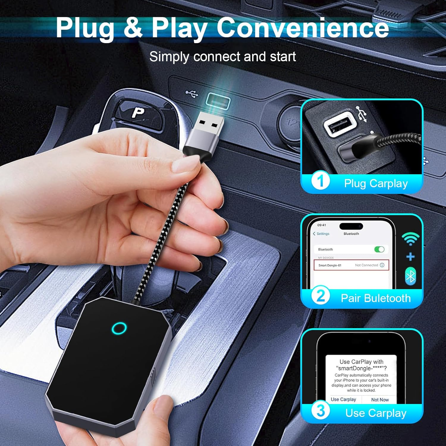 Konfiguracja Carplay z czarnym urządzeniem, telefonem i kablem USB. Obraz pokazuje kroki parowania.