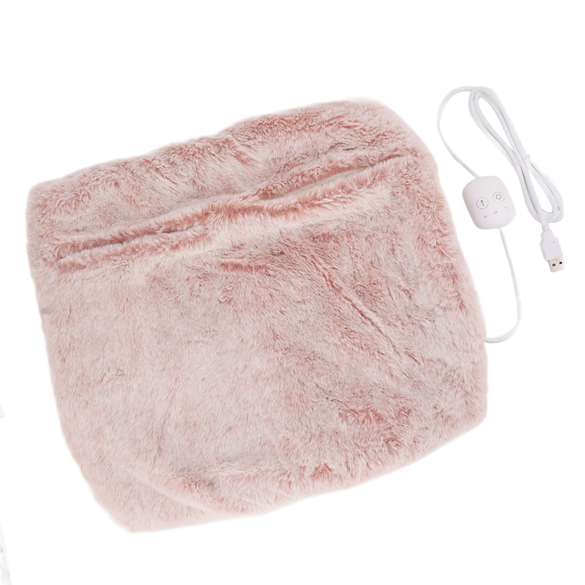 Ein rosa beheizter Fußwärmer mit Bedienfeld und USB-Kabel auf weißem Hintergrund.