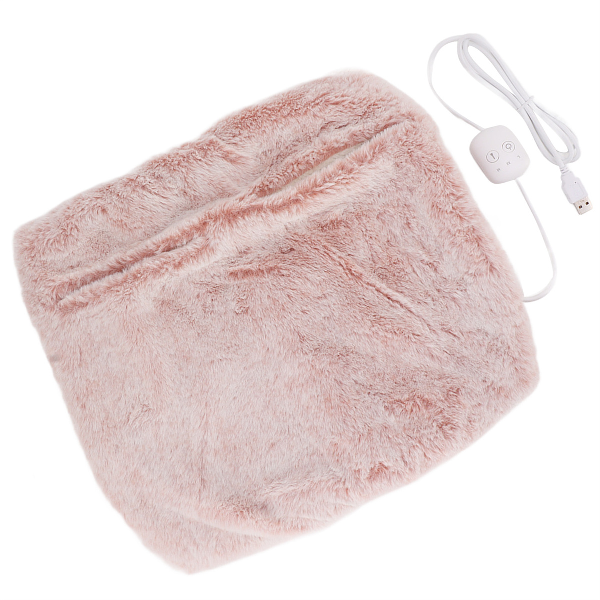 Rosa flauschiger beheizter Fußwärmer mit Bedienknöpfen und weißem Kabel.