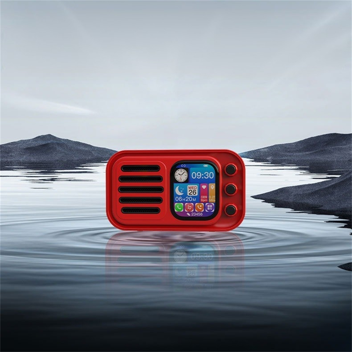 Ein roter Lautsprecher im Retro-Stil mit einem Bildschirm, der Zeit, Datum und andere Informationen anzeigt, auf Wasser.