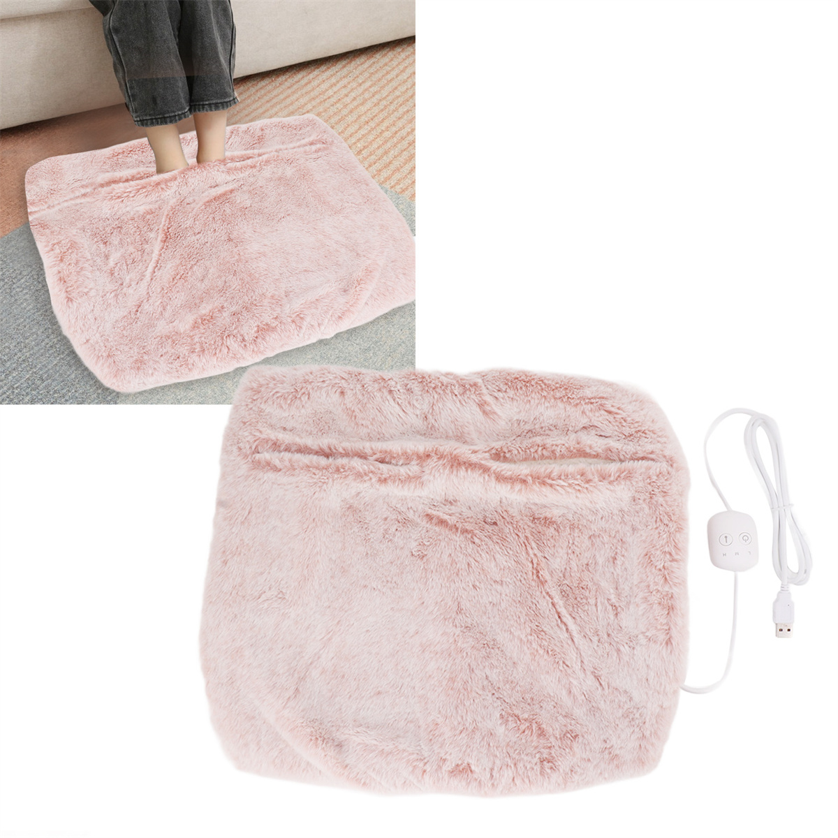 Ein rosa, flauschiger Fußwärmer mit Bedienelementen und einem USB-Kabel, Füße sind innen.