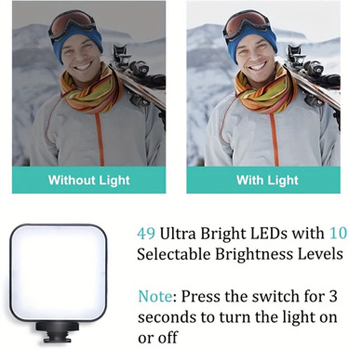 Mann mit Skimaske. Vergleich ohne und mit Licht von einem kleinen LED-Panel.