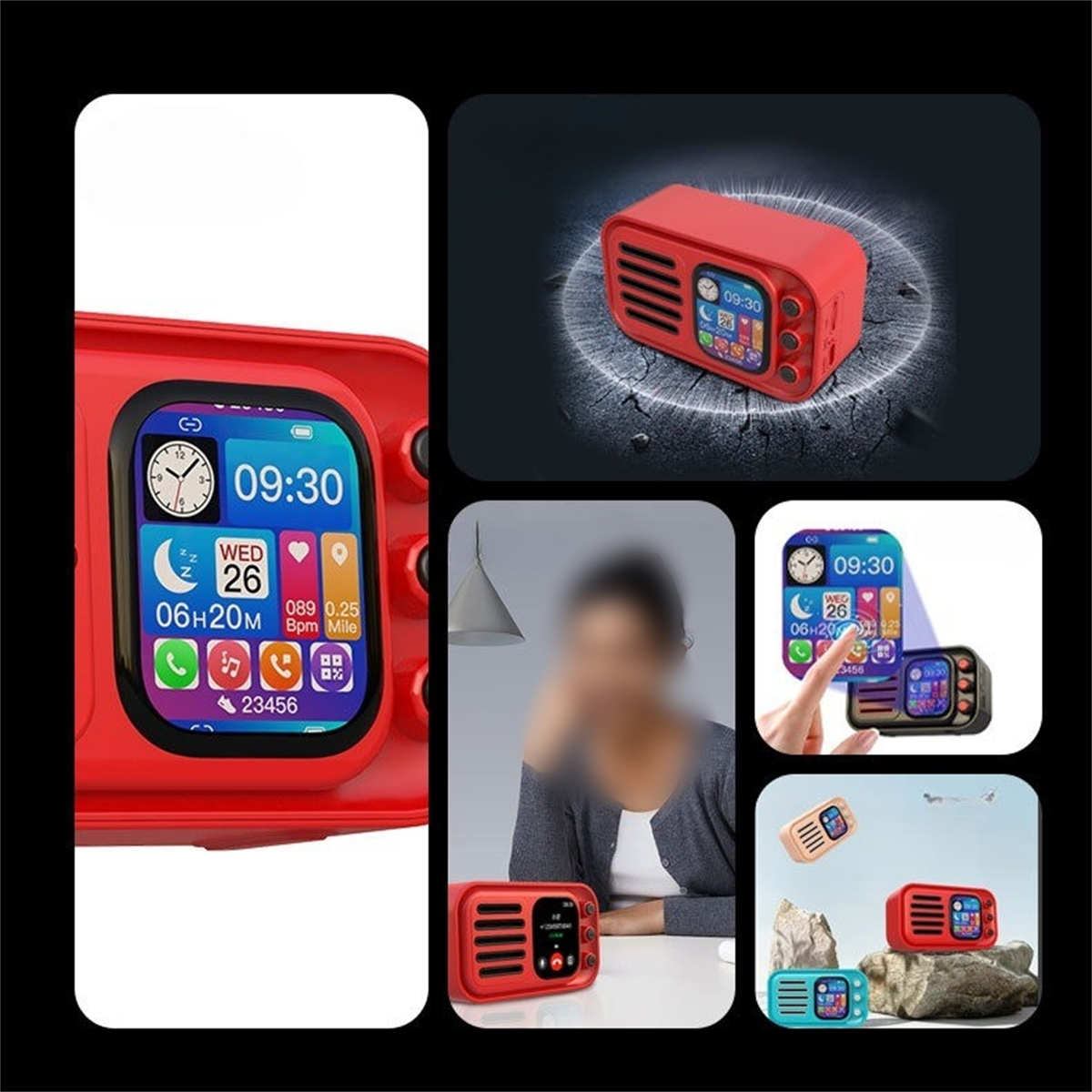 Collage einer roten Smartwatch im Retro-Stil und ihrer Funktionen.