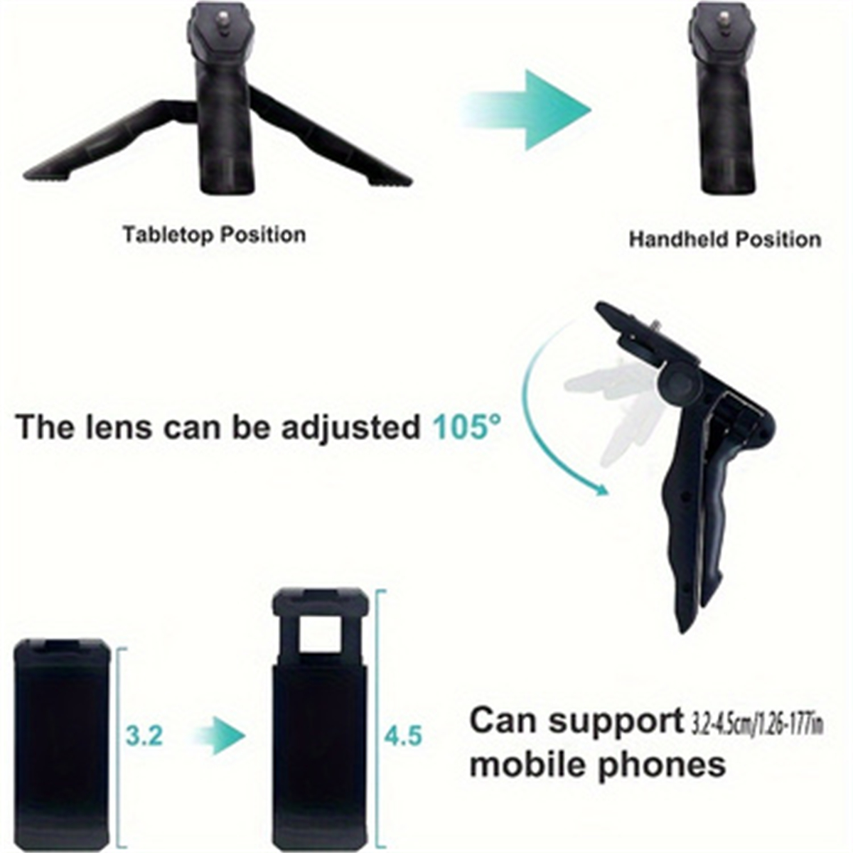 Stativ für Telefone. Zeigt Tisch- und Handpositionen, Linsenjustierung bis 105°.