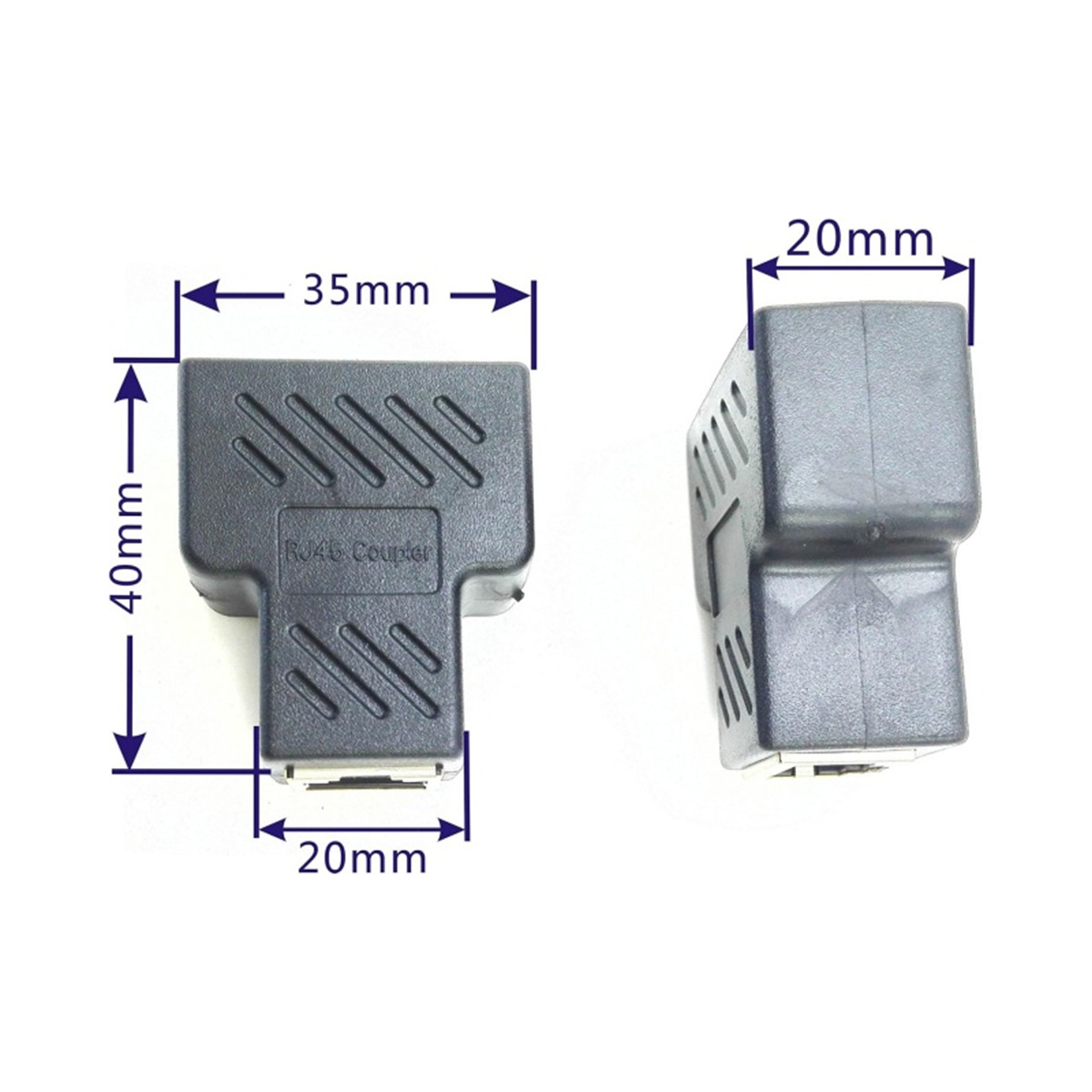 Schwarzer RJ45-Koppler, T-förmig, mit Abmessungen in Millimetern und seine Seitenansicht.