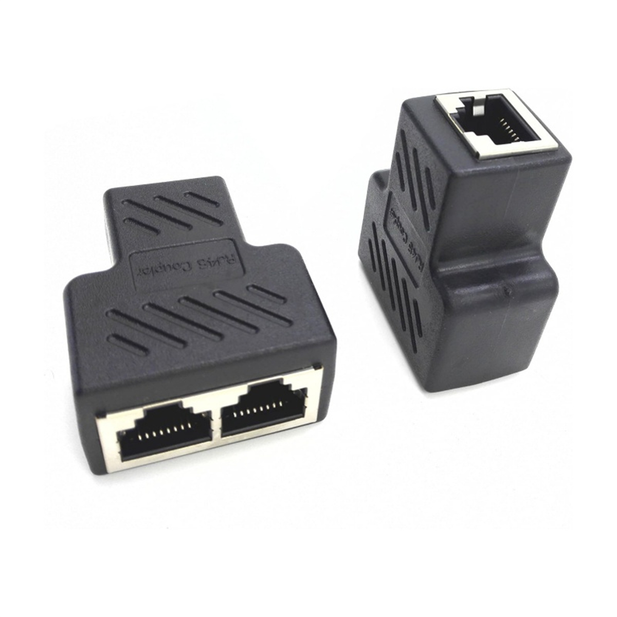 Zwei schwarze RJ45-Koppler-Anschlüsse, bereit für den Netzwerkanschluss.