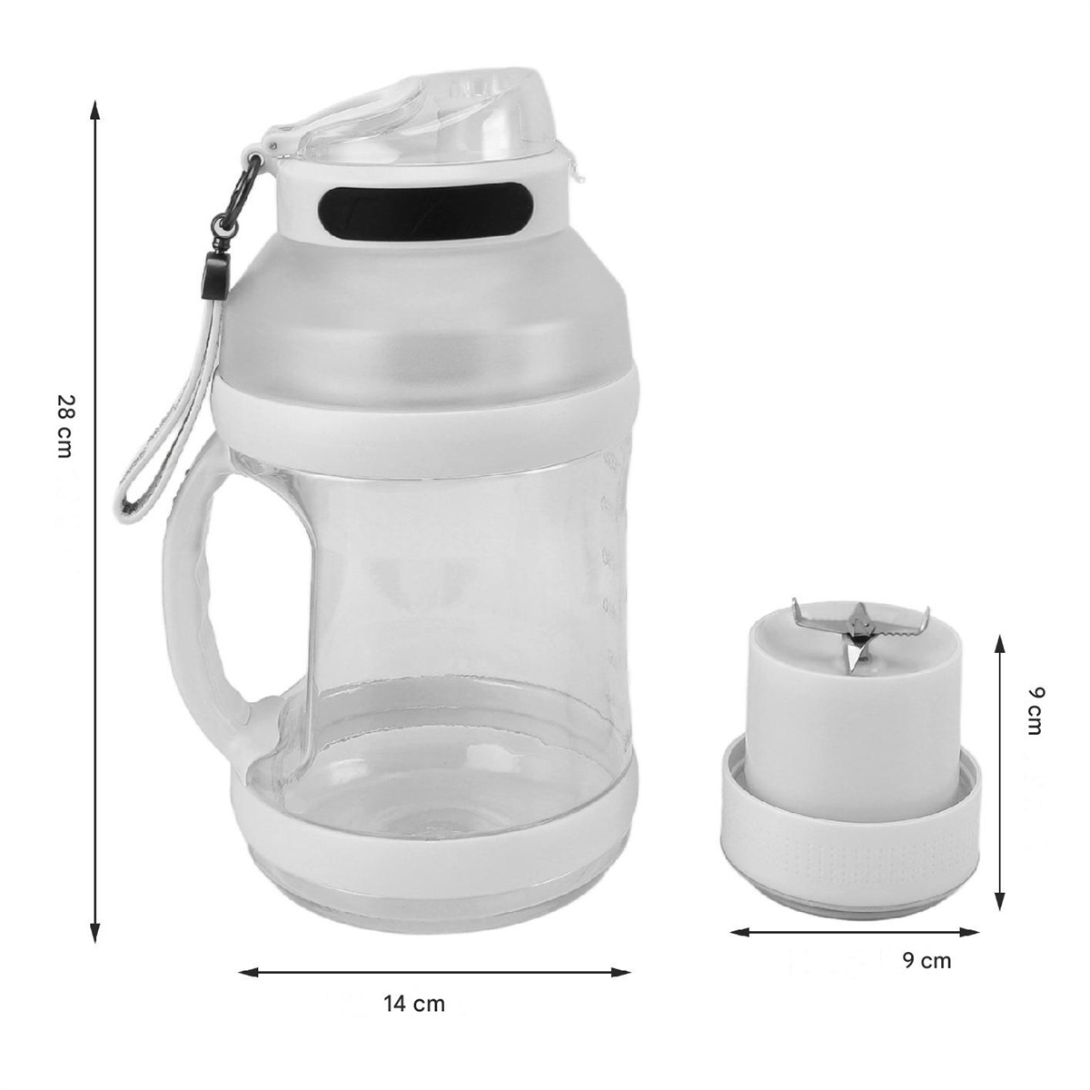 Eine transparente Kunststoff-Mixflasche mit Griff und abgetrennter Klingelbasis, mit Maßangaben.