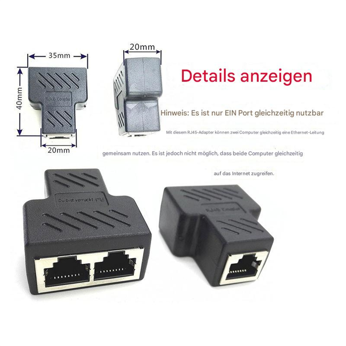 Zwei schwarze RJ45-Netzwerkadapter. Abmessungen und Text auf dem Produkt sind sichtbar.