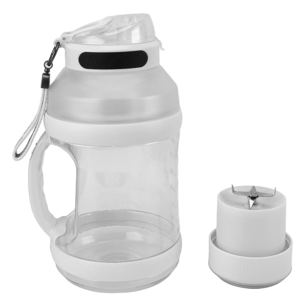 Eine weiße Mixerflasche mit Griff und eine separate Mixerklingenkomponente werden gezeigt.