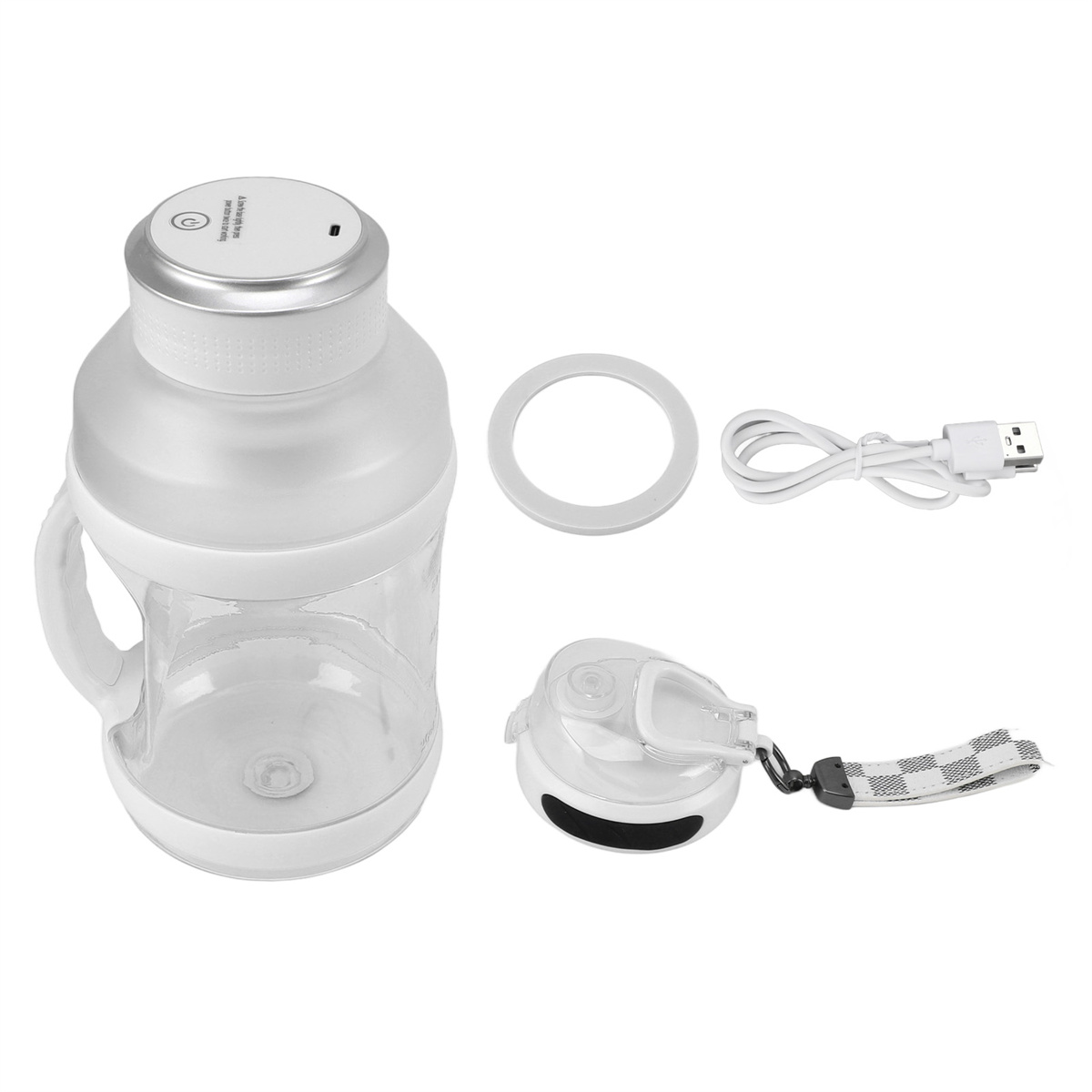Eine weiße Wasserflasche mit Henkel, Deckel und Ladekabel. Der Deckel hat einen kleinen Lautsprecher.