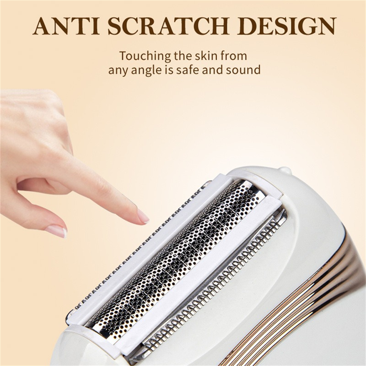 Hand zeigt auf den Rasiererkopf, Text sagt 'Anti Scratch Design'.