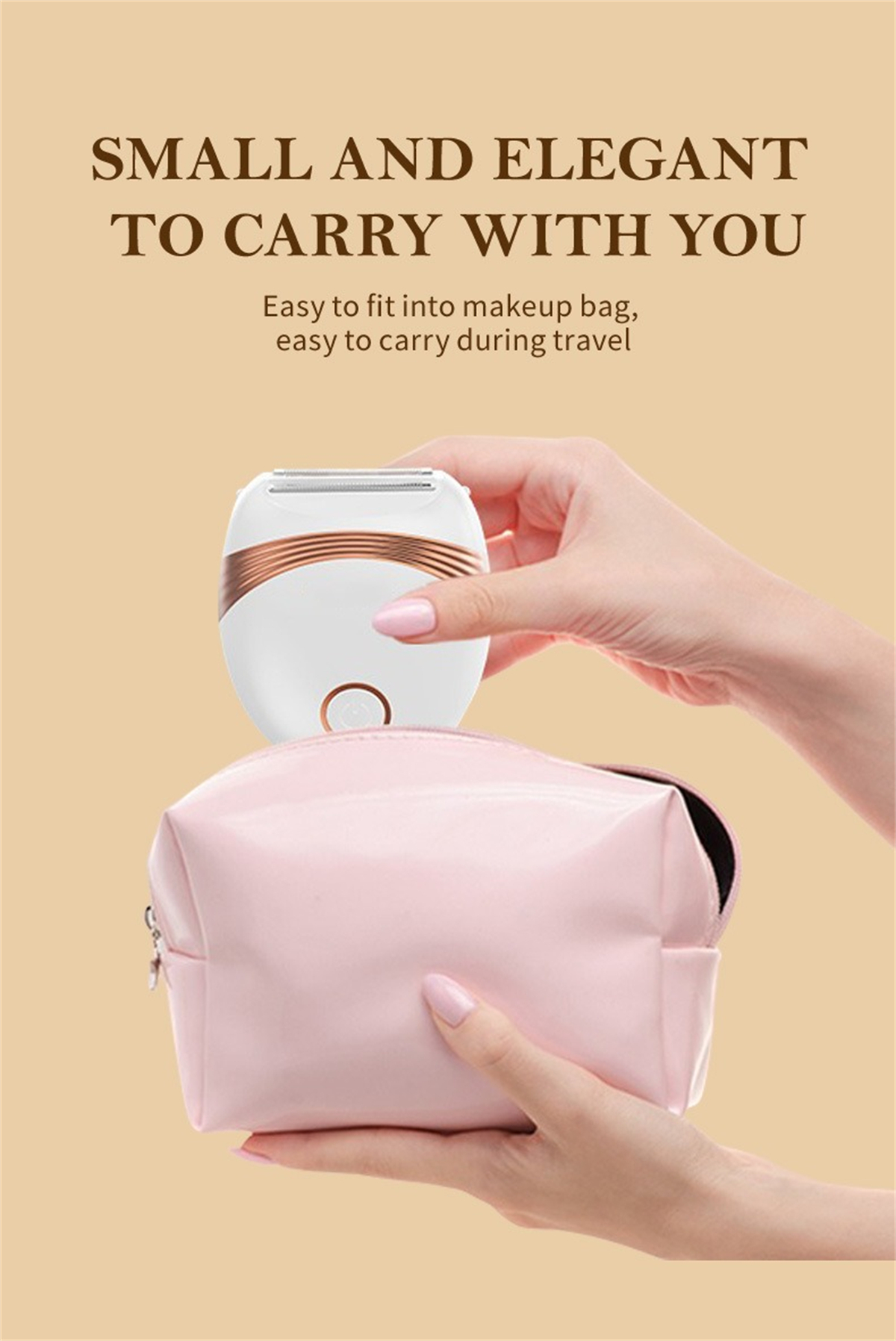 Eine Hand hält eine rosa Tasche und einen weißen Elektrorasierer.