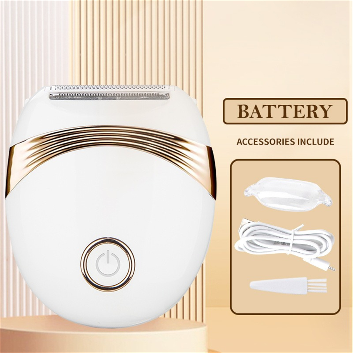 Ein weißer und goldener elektrischer Rasierer mit Zubehör, darunter ein Ladegerät und eine Reinigungsbürste.
