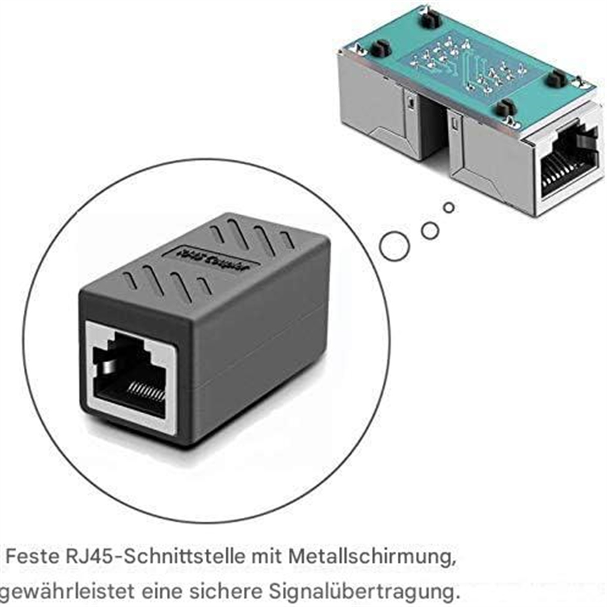 Ein grauer RJ45-Anschluss mit Nahaufnahme, mit einer Leiterplatte im Hintergrund.