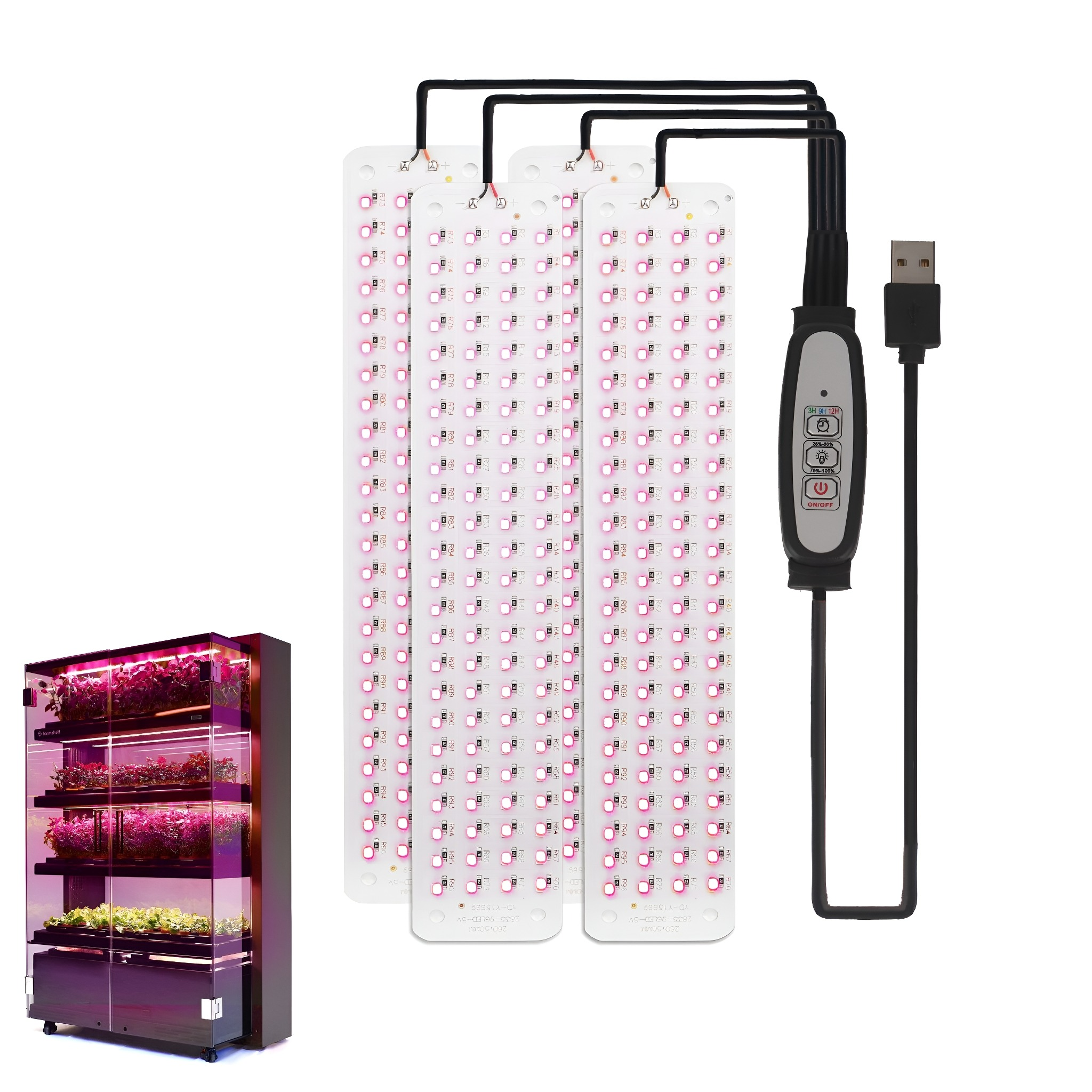 Drei LED-Pflanzenlichter mit Bedienfeld und Netzteil. Ein Pflanzenzelt befindet sich im Hintergrund.
