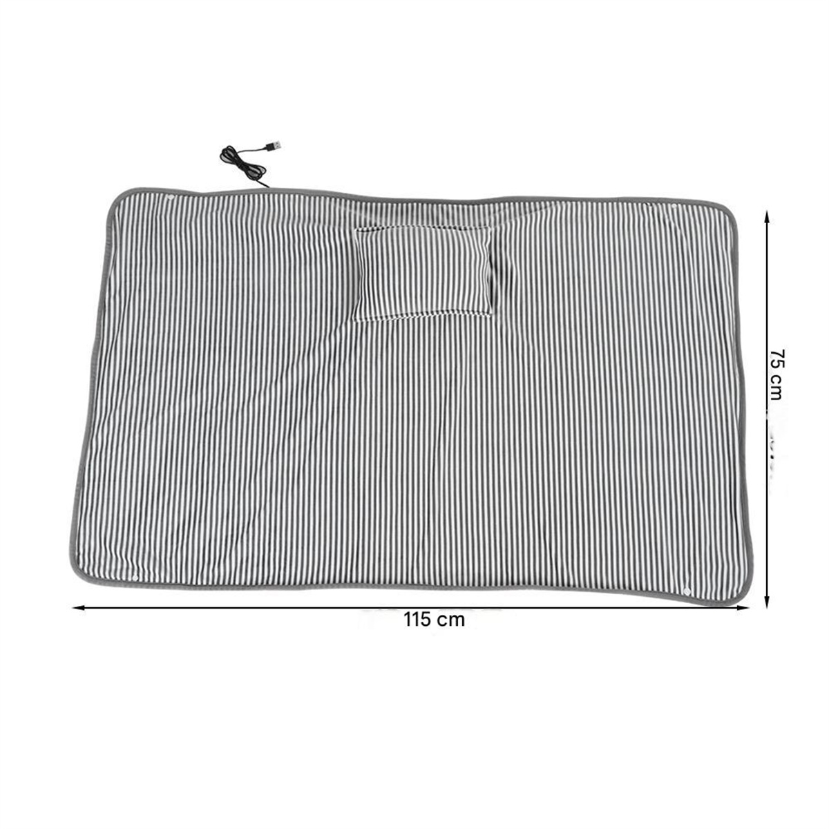 Gestreifte Heizdecke mit Abmessungen: 115cm x 75cm, mit kleinem Kissen in der Mitte.
