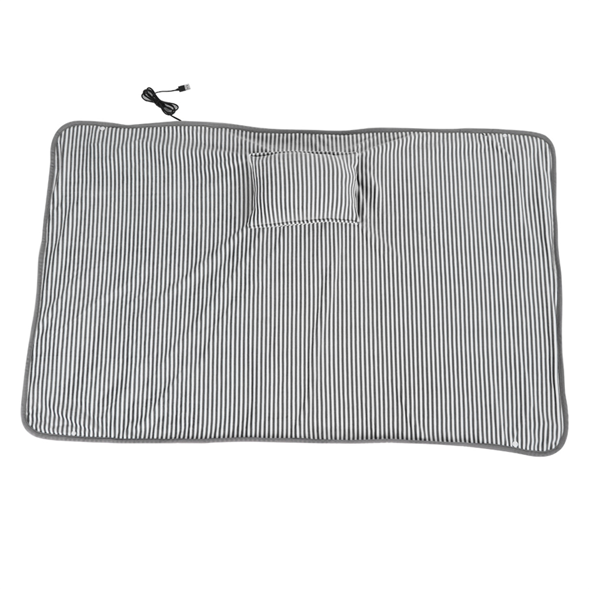 Eine gestreifte Heizdecke mit kleinem Kissen. Die Decke ist schwarz-weiß gestreift, mit grauem Rand.