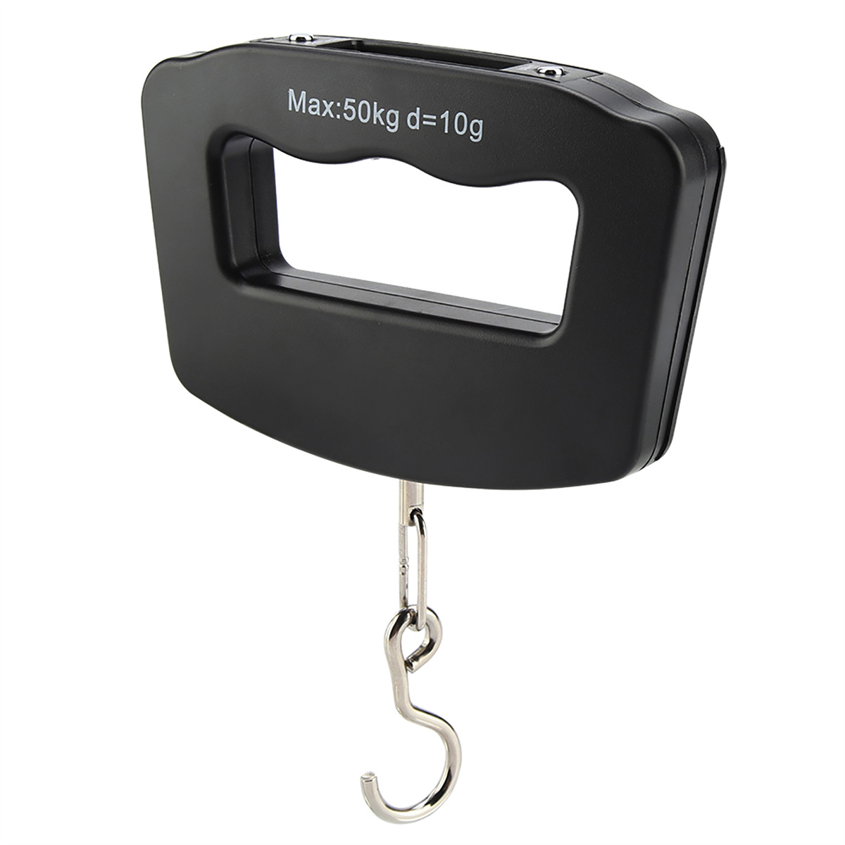 Schwarze Handwaage mit Haken und digitaler Anzeige mit Max:50kg d=10g.