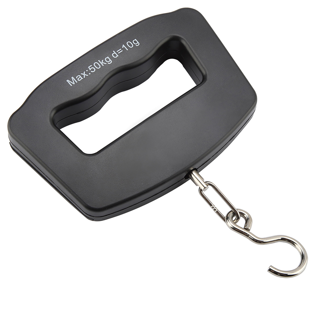 Schwarze Handwaage mit Haken, misst bis zu 50 kg.