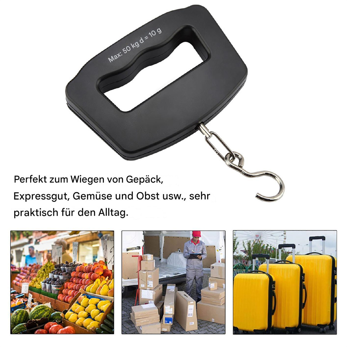 Schwarze Gepäckwaage mit Haken und Griff. Drei Bilder von Gepäck im Hintergrund.