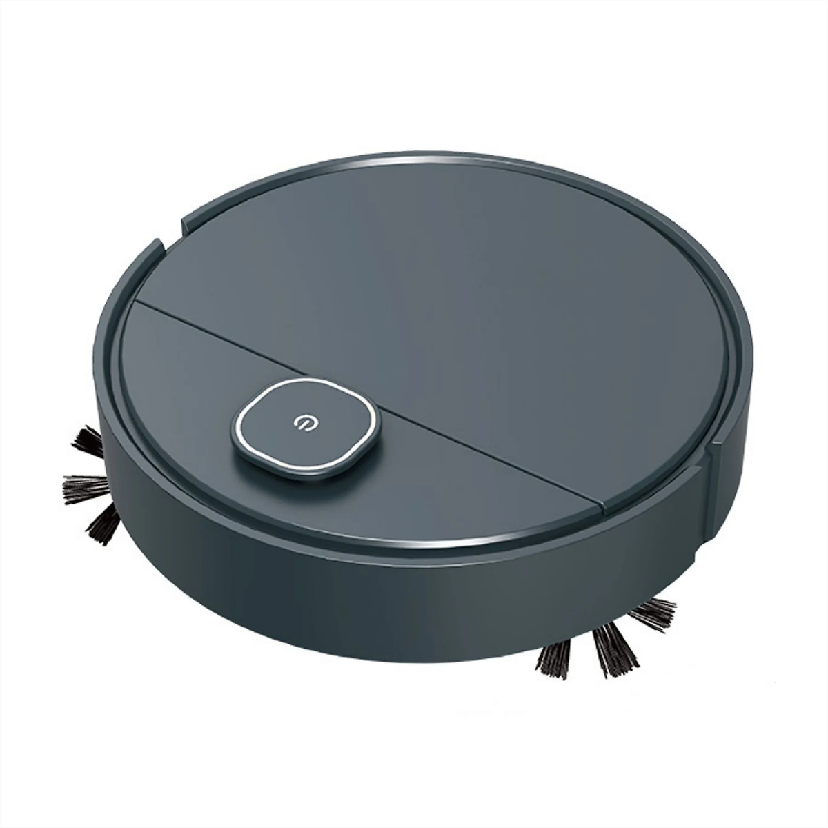 Dunkelgrauer Roboter-Staubsauger mit Bürsten und einem Ein- / Aus-Schalter. Weißer Hintergrund.