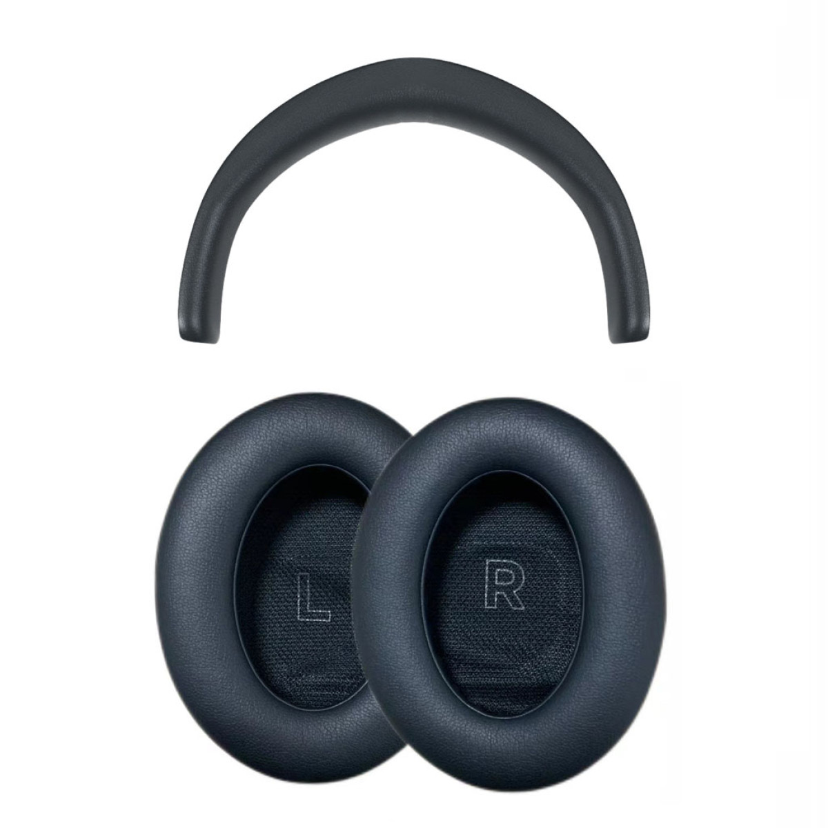 Ciemnoszare nauszniki do słuchawek i pałąk. Poduszki mają oznaczenia L i R dla lewej i prawej strony.