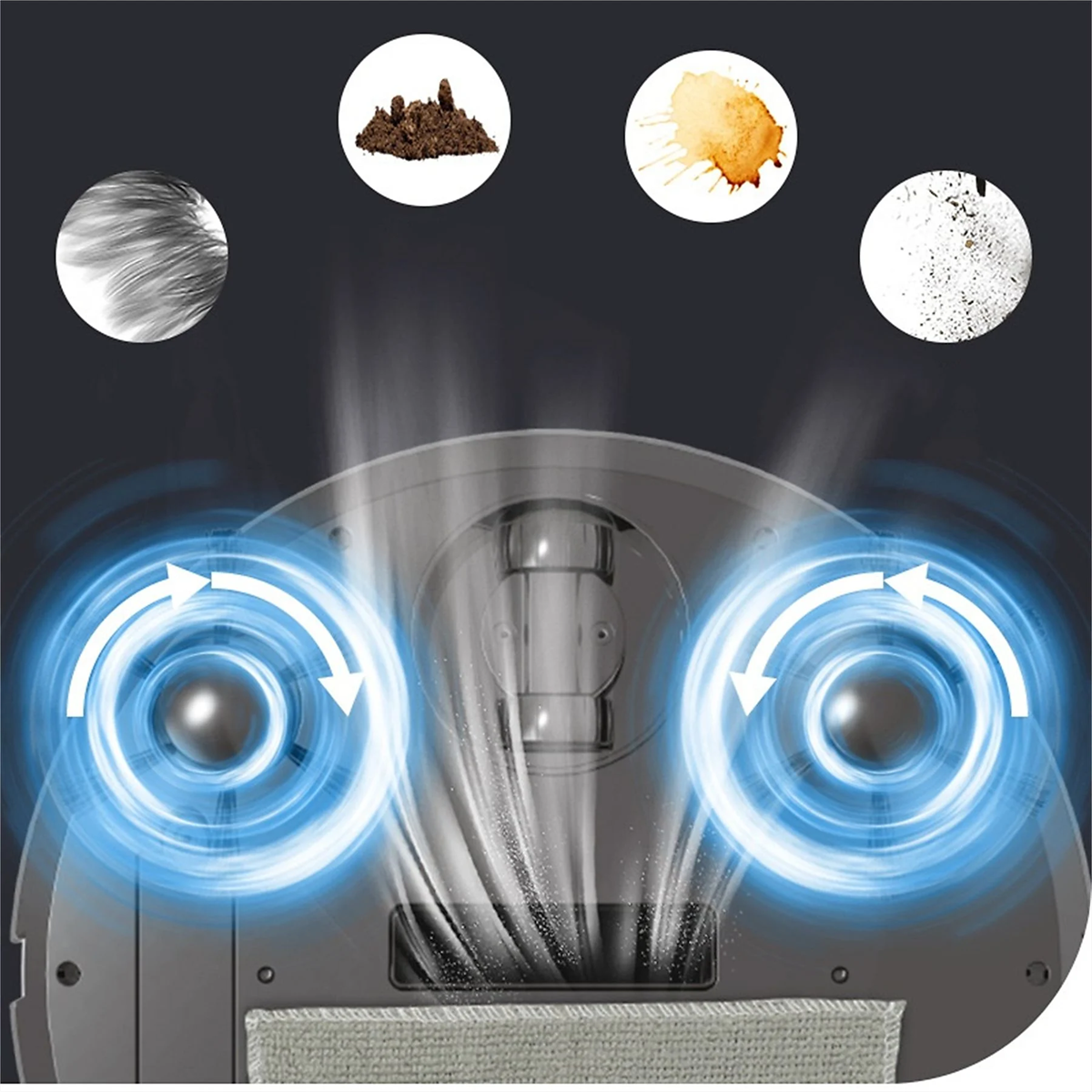 Ein Roboter-Staubsauger mit verschiedenen Reinigungs-Symbolen, die seine Reinigungsfunktionen anzeigen.