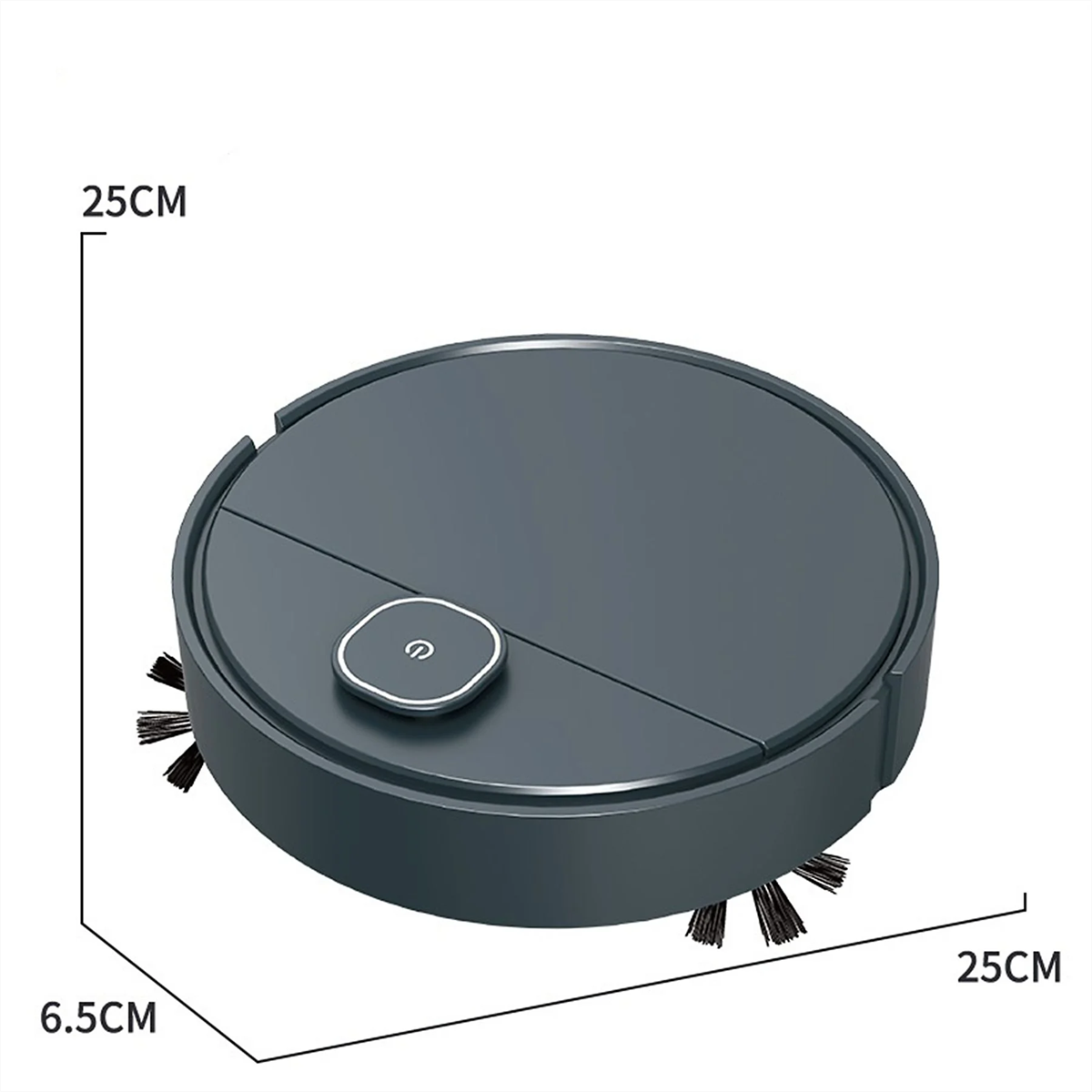 Ein grauer Roboter-Staubsauger. Abmessungen: 25x25x6,5cm. Mit Ein-Aus-Taste und Bürsten.