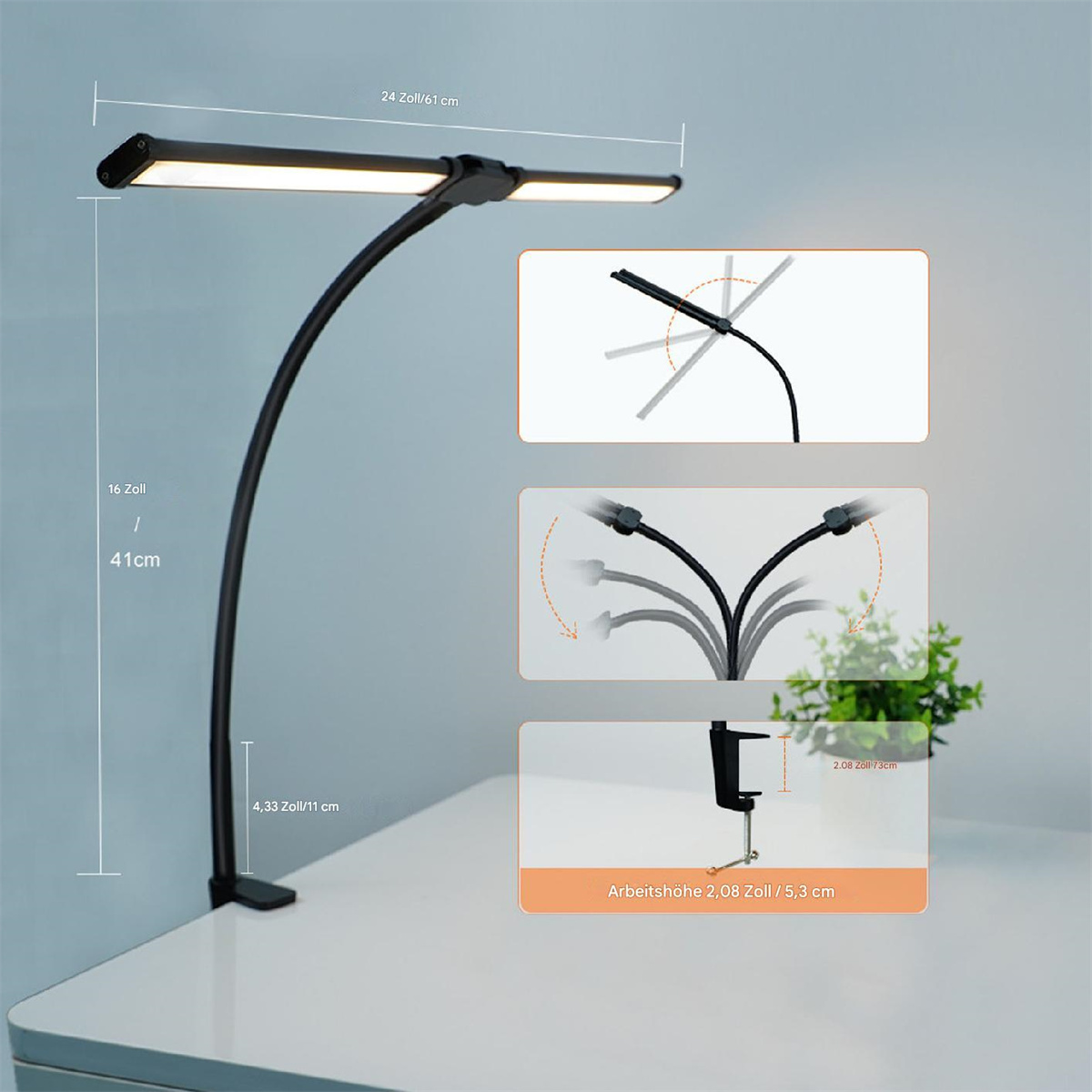 Schwarze Schreibtischlampe mit verstellbarem Arm und Licht. Abmessungen und Einstellungsdetails gezeigt.