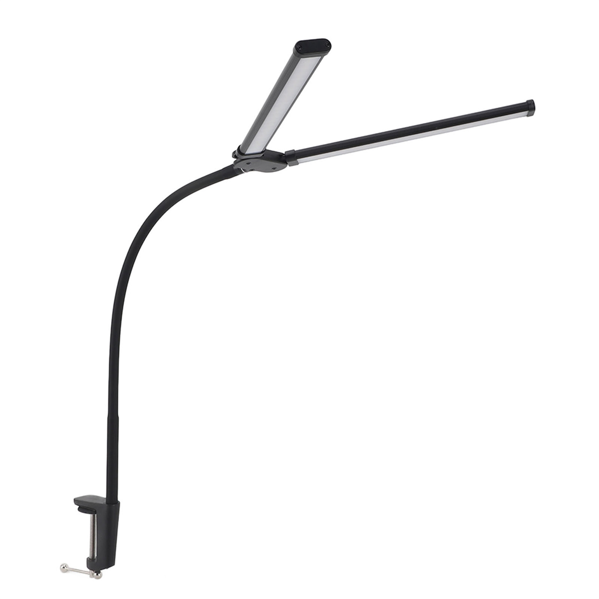 Schwarze Schreibtischlampe mit zwei LED-Leuchten, einem gebogenen Arm und einem Klemmfuß, isoliert auf Weiß.