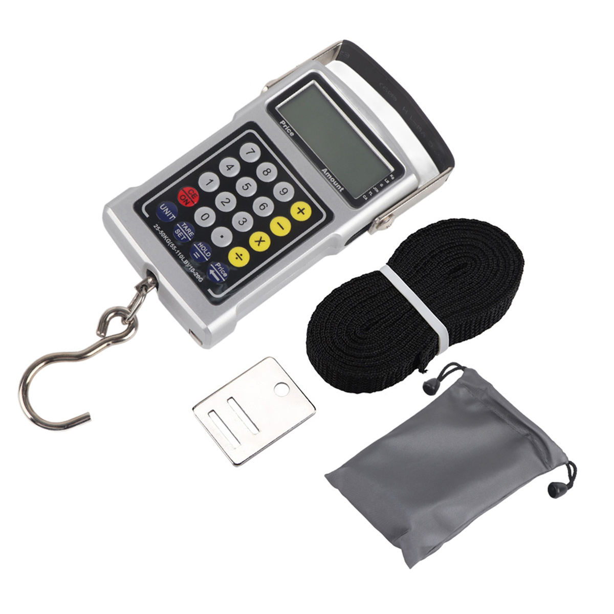 Waage mit Haken, Display und Knöpfen. Außerdem ein schwarzes Seil, Beutel und Metallplatte.