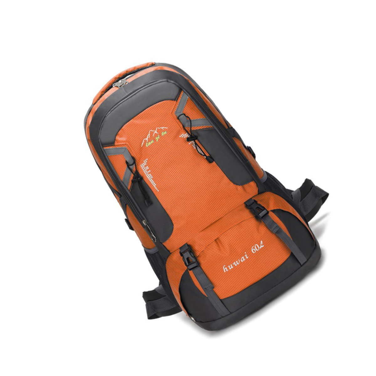 An orange and grey backpack on a white surface. It has multiple compartments and straps.