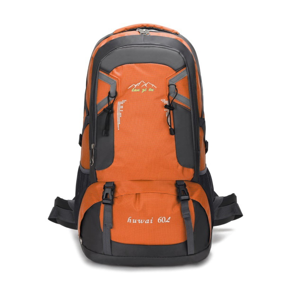 An orange and gray hiking backpack with multiple pockets and adjustable straps.