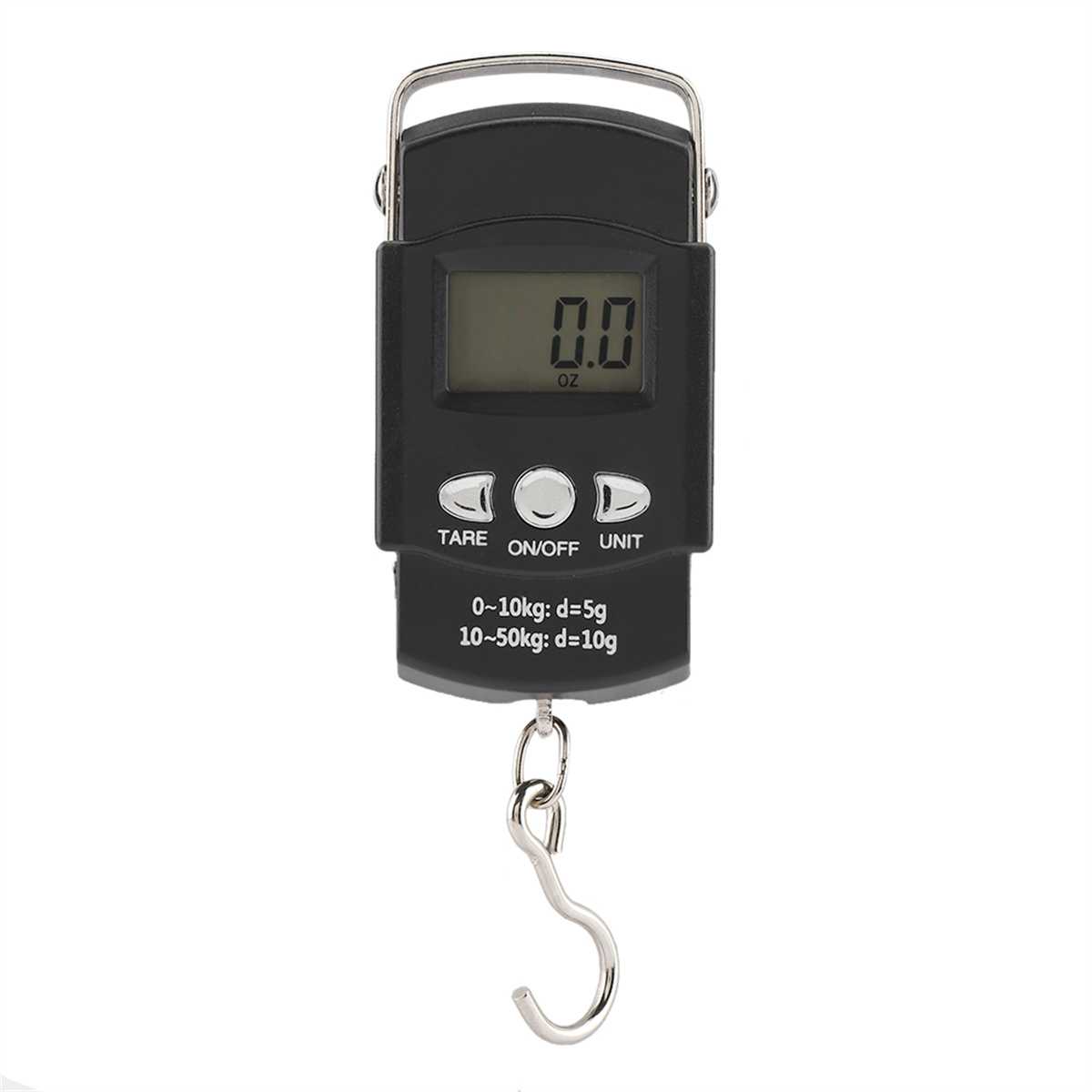 Eine schwarze digitale Hängewaage mit Haken, Anzeige 0,0 OZ, mit Knöpfen darunter.