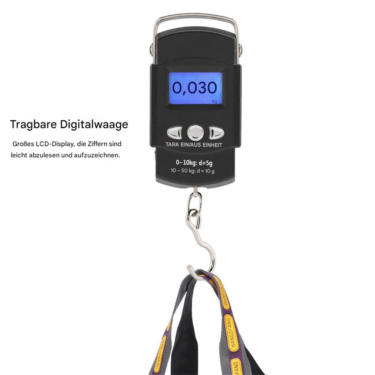 Digitale Gepäckwaage mit blauem Display, das Gewicht anzeigt. Text: 'TARA EIN/AUS EINHEIT'.