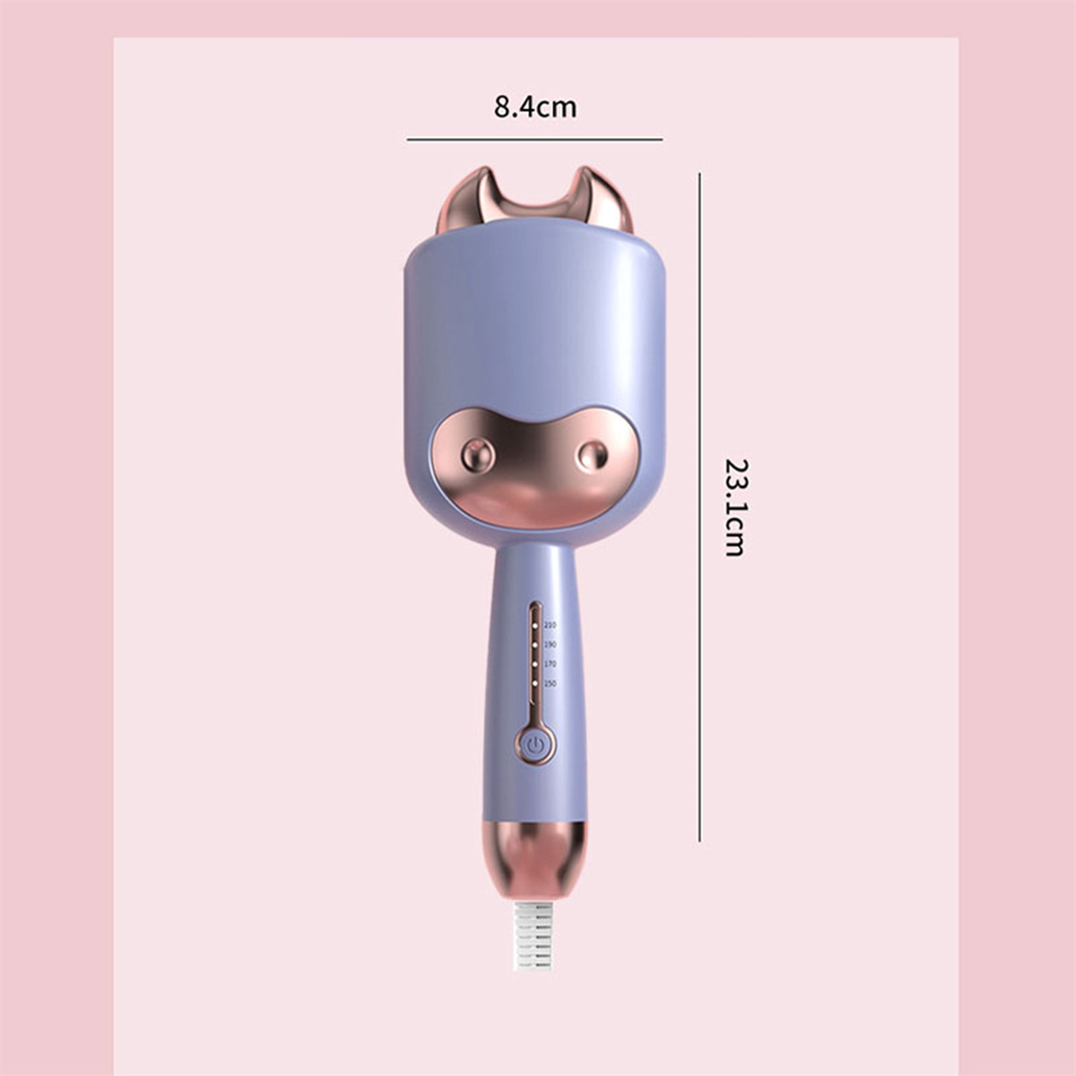 Ein Haarlockenwickler in Form einer Cartoon-Kuh. Es ist lila und roségold.