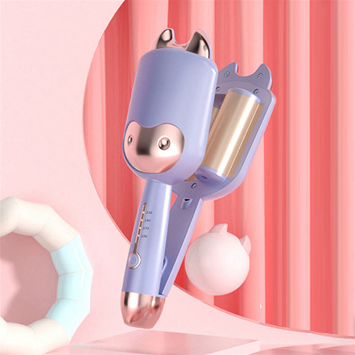 Ein süßes lila Lockenstab mit Cartoon-Gesichtsdesign, auf rosa Hintergrund.