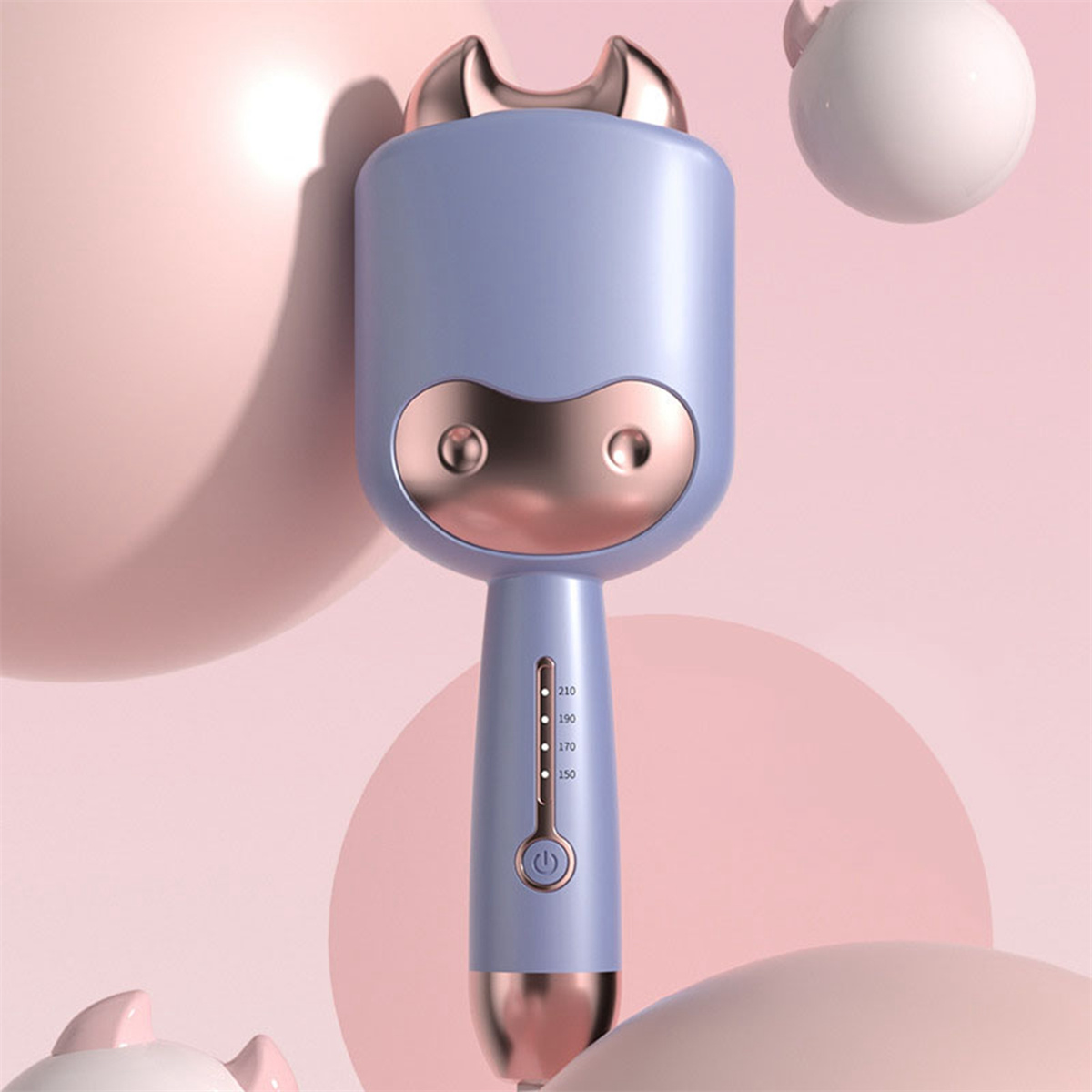 Ein blaues Styling-Tool mit kuhähnlichem Design, rosa Hintergrund und runden rosa Formen.