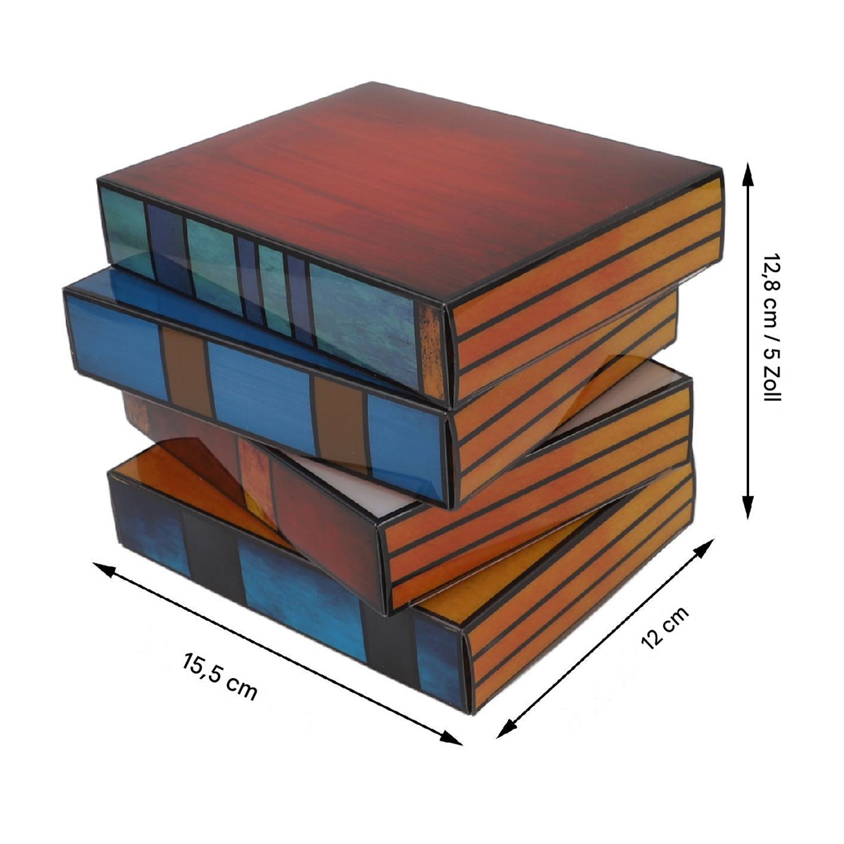 Gestapelte Holzkisten, rot-orange und blau. Maße: 15,5 cm x 12 cm x 12,8 cm/5,2 Zoll.