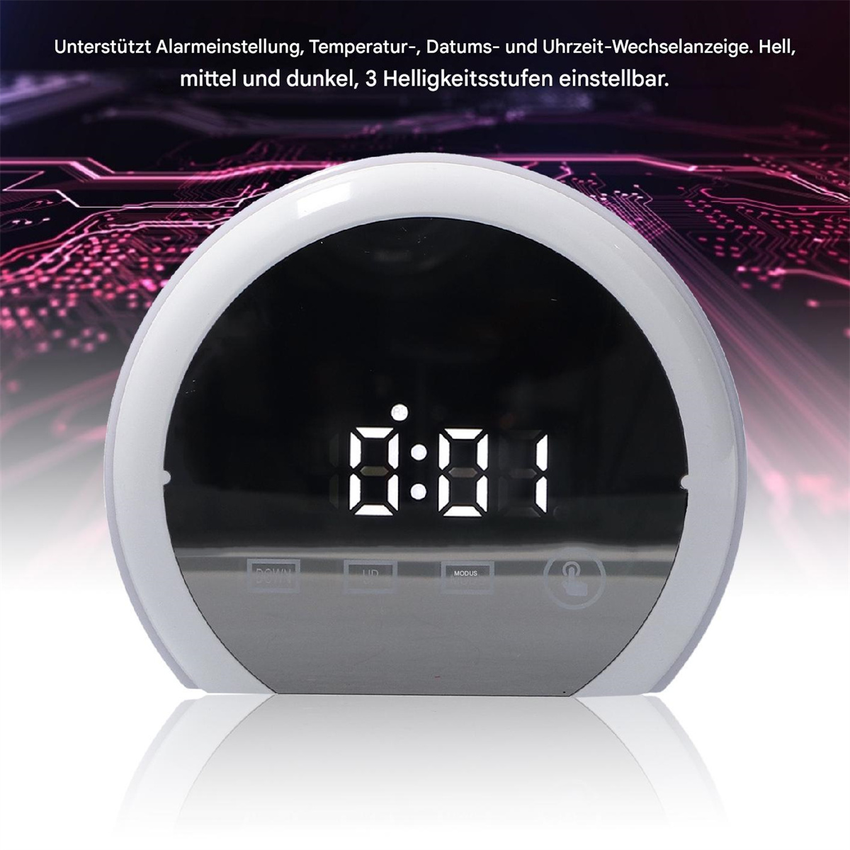 Ein weißer digitaler Wecker mit der Anzeige 0:01. Die Uhr hat eine gebogene Form und einen reflektierenden Bildschirm.