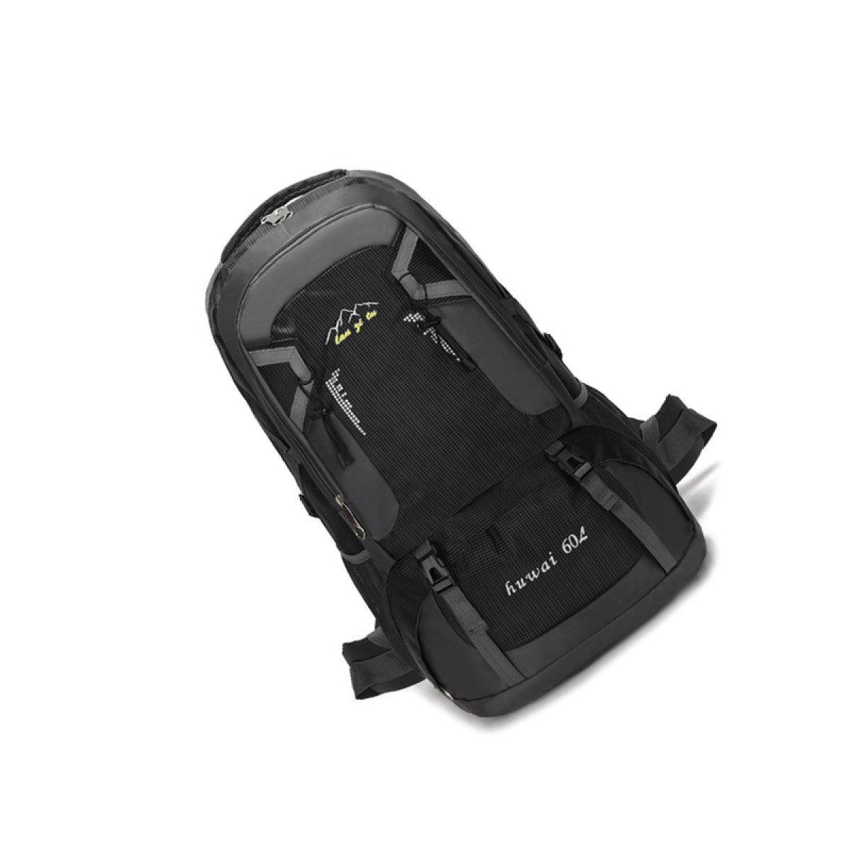 A tilted black and gray hiking backpack with multiple pockets and adjustable straps.