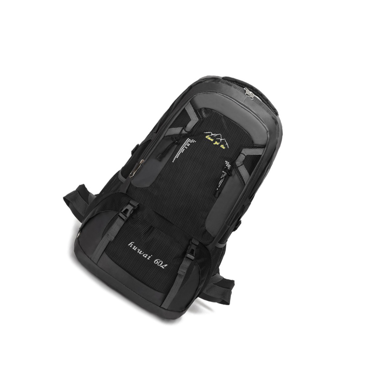 A tilted black and gray hiking backpack with multiple pockets and adjustable straps.