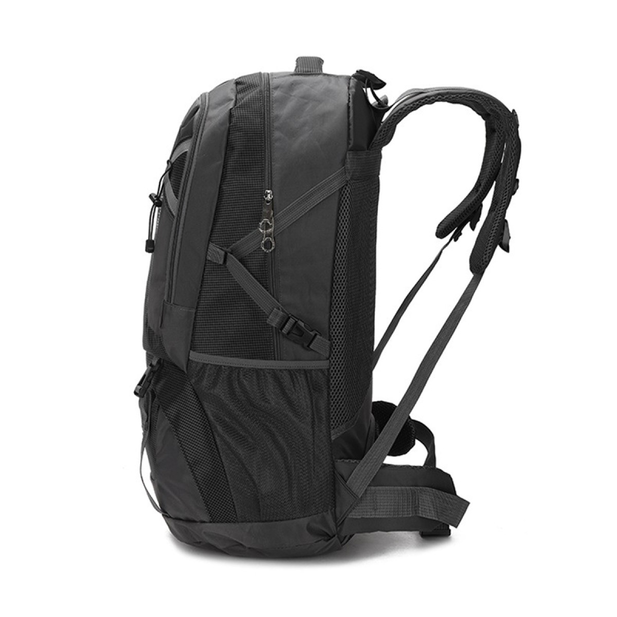 A black hiking backpack with multiple pockets and adjustable straps seen from the side.