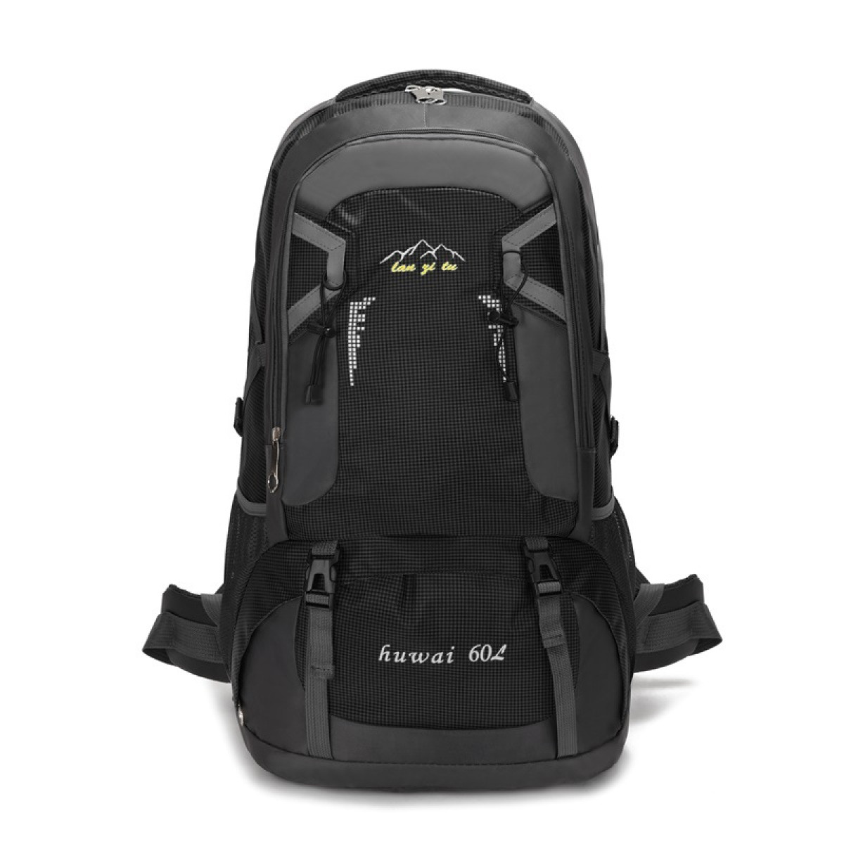 A black and gray hiking backpack with multiple pockets and adjustable straps.