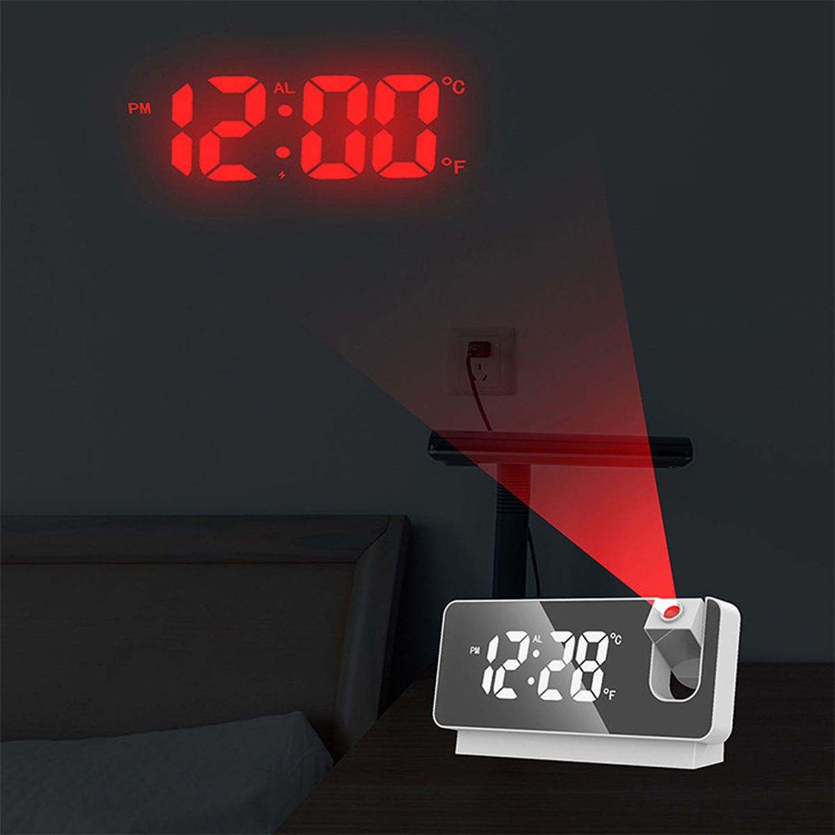 Rote Digitaluhr projiziert Zeit an der Wand, Uhr unten.